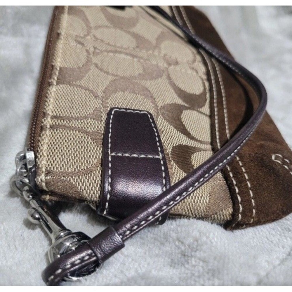 Coach Signature Small Brown Suede Zip Top Wristlet Purse w/Buckles - Picture 7 of 11